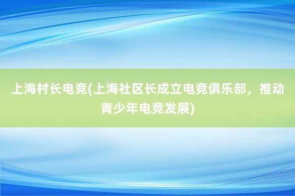 上海村长电竞(上海社区长成立电竞俱乐部，推动青少年电竞发展)